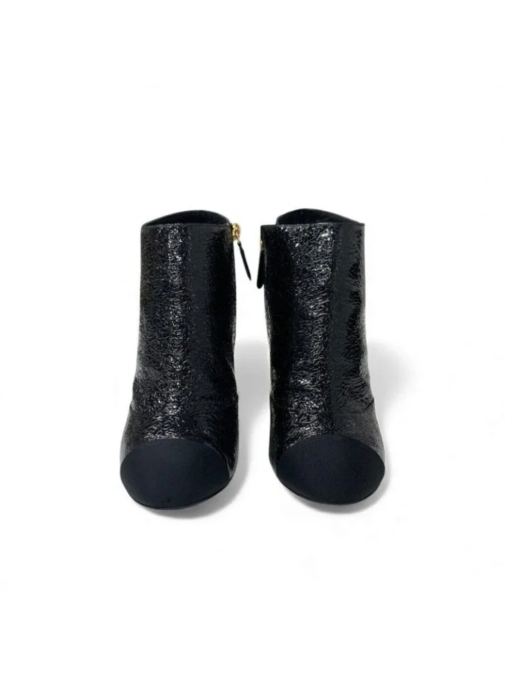 Chanel Short Boots Shoes Leather Fabric Black Gold CC Logo Pearl - Picture 2 of 10